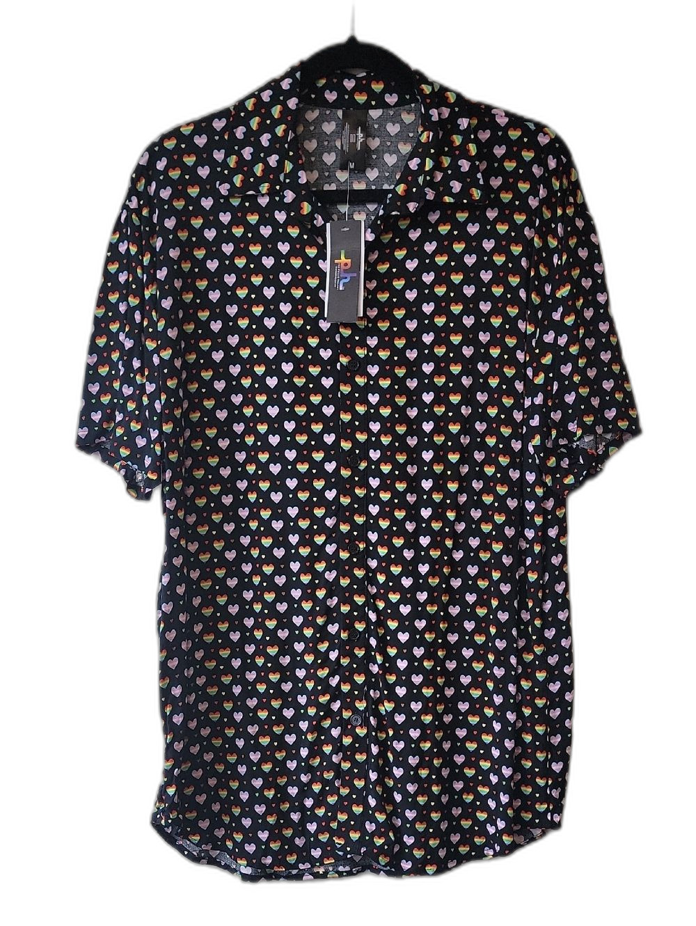 The Phluid Project Short Sleeve Button Down Shirt Black Pink Size M NWT
